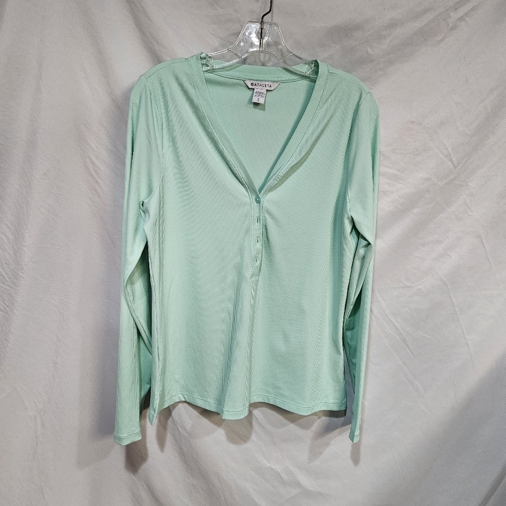 Athleta Uptempo Ribbed Henley Top Womens Large Long Sleeve Light Green/mint